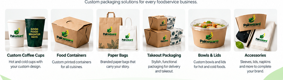 Custom coffee cups, food containers, paper bags, takeout packaging, bowls and accessories